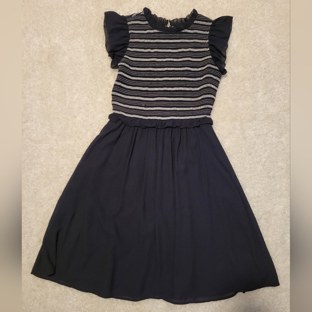 Ann Taylor smocked bodice fit & flare navy blue & white dress